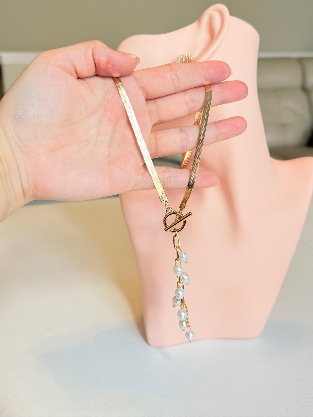 Gold Toggle Necklace with White Pearl Drop - Picture 7 of 11